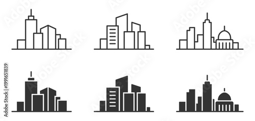 Minimalist cityscape icons collection featuring modern urban skylines.