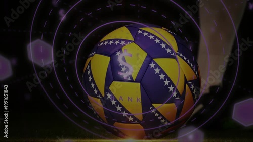 Player approaching ball, contacting and causing BANK overlay, ball rotating back with pulsing rings