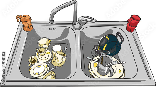 A lot of dirty dishes in a metal sink. Vector illustration.