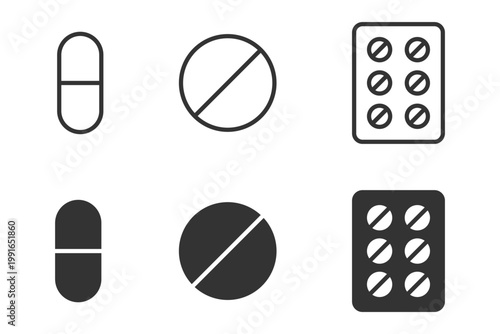 Minimalist drug icons set: capsules, tablets, blister packs.