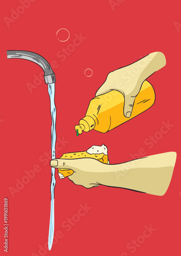 Illustration of hands holding a dish sponge and a bottle of dish soap near a running water faucet. Vector illustration.
