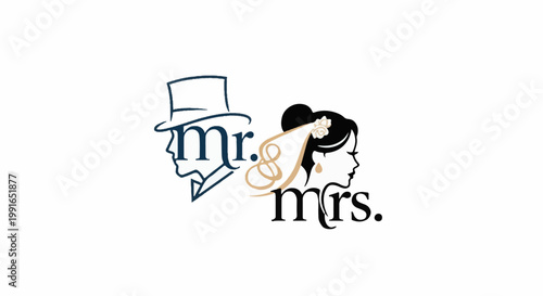 Silhouette profiles of a groom in a top hat and a bride with veil and flowers