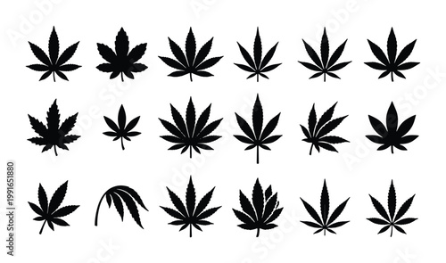 Photos Cannabis leaf silhouette collection, 18 black marijuana leaf icons, hemp foliage