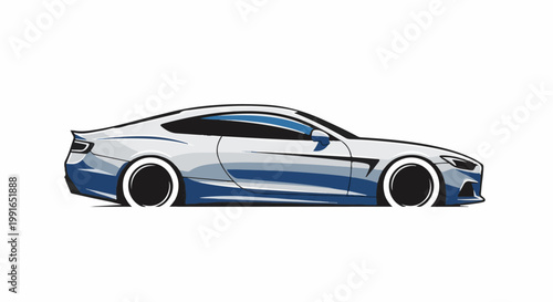 Sleek silver and blue sports car with black rims and white wall tires
