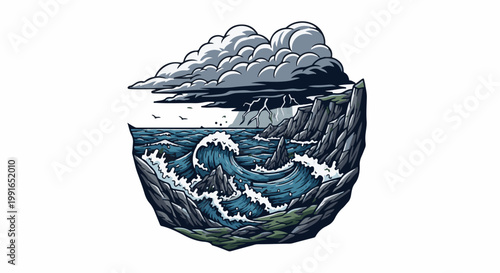 Stormy ocean waves crash against rocky cliffs under a dark, lightning-filled sky