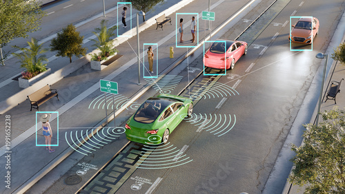 Fotografia 3D illustration of a smart electric vehicle on a re charging lane