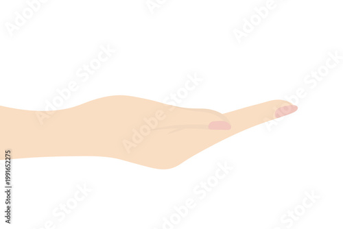 Person extending hand, palm up. European. Asking hand gesture. Color vector illustration. Isolated white style. Give. Open palm. Flat style. Idea for web design.