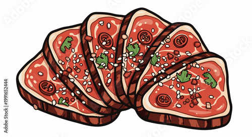 Sliced steak with tomato, herbs, and seeds, arranged artfully