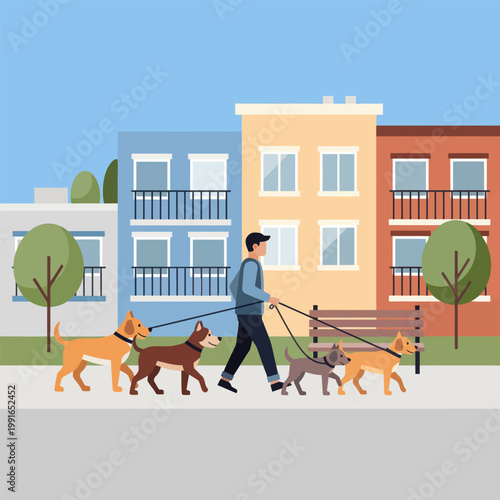Man walking multiple dogs on leashes in a city neighborhood
