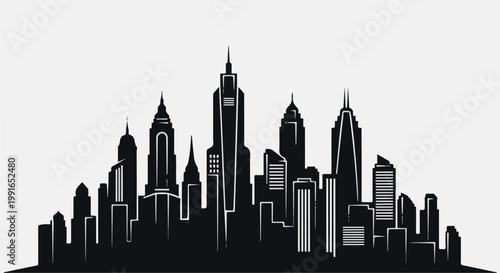 Stylized black silhouette of a dense city skyline with varied architectural designs