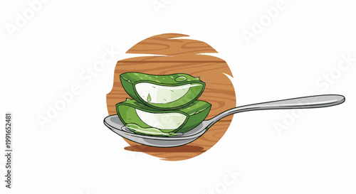 Sliced green aloe vera in a spoon with gel drips, on a wooden background