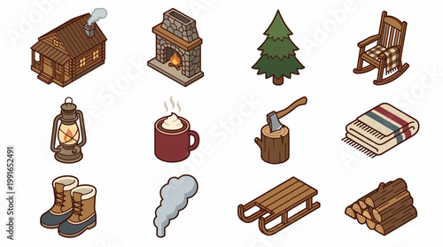 Isometric 3D icon set of cabin and outdoor activities with fireplace and sled