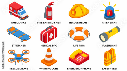 An isometric 3D icon set of emergency response equipment and vehicles.