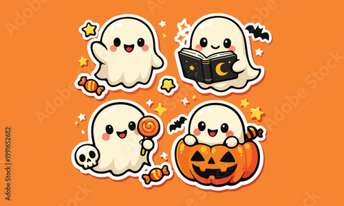 Cute halloween ghost with pumpkin candy treasure flat vector set