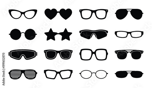 Retro sunglasses and eyeglasses icons set, 16 black vector eyewear silhouettes, vintage fashion glasses collection for summer and optic design