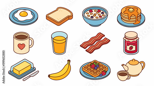 Isometric 3D breakfast icon set on a plate
