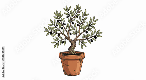 Small potted olive tree with dark fruits and green leaves on white