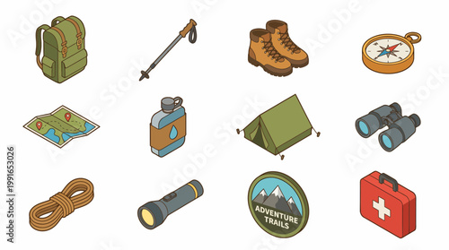 Isometric 3D icon set for hiking and outdoor adventure travel