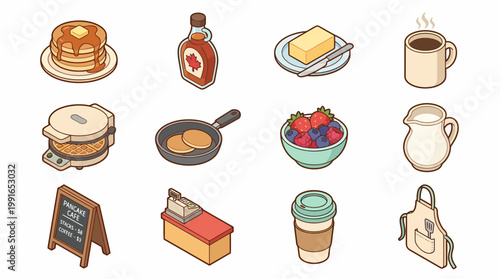 Isometric 3D icon set of breakfast food and drink items on a table
