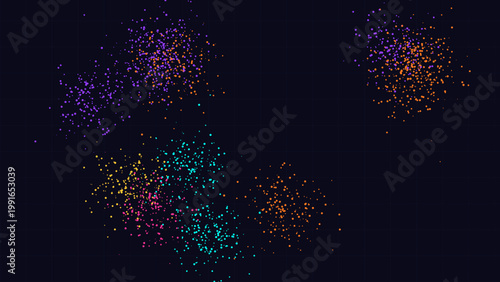 Abstract vector illustration of Proof of Work blockchain technology with cryptographic nonce data points in a scattered digital network