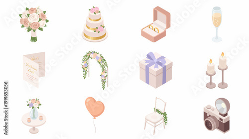 Isometric 3D wedding icon set with cake, flowers, gifts, and champagne