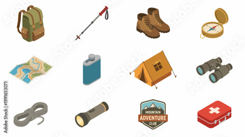 Isometric 3D icon set for mountain adventure club with camping gear
