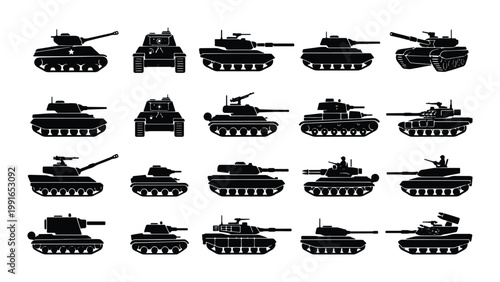 Tableau sur toile Military tank silhouettes set, 20 armored vehicle icons in black vector format,
