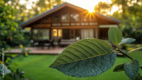 Sunlit leaf and cozy cottage with lush greenery in a tranquil setting