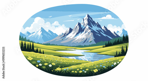 Serene alpine meadow with a winding river and snow-capped peaks