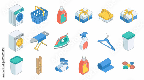 Isometric 3D icon set of laundry and cleaning supplies on a white background