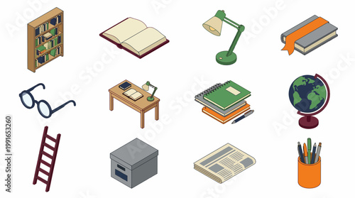 Isometric 3D icon set of educational office supplies and furniture in a classroom environment.