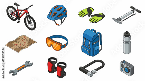 Isometric 3D icon set of cycling accessories and gear on white background
