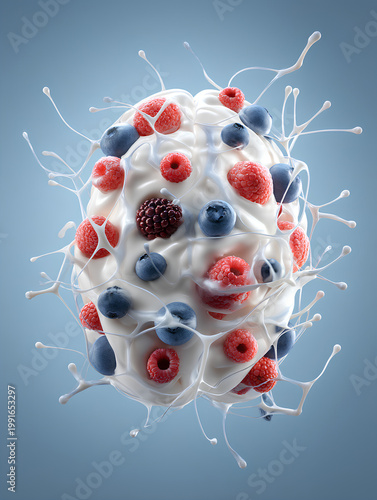 Yogurt and berries forming brain with glowing neural lines on clean background premium composition showcasing gut brain connection and cognitive wellness