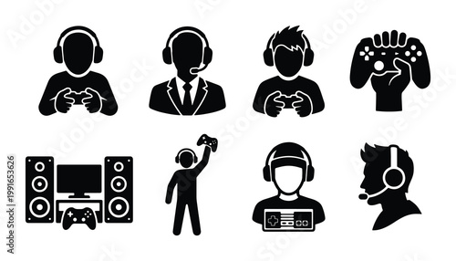 Esports gaming icons set, professional gamer silhouettes with headsets and controllers, 8 black vector symbols for video game streaming and competition