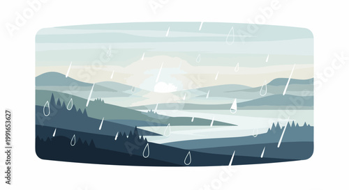 Serene rainy landscape with layered hills and a tranquil water body
