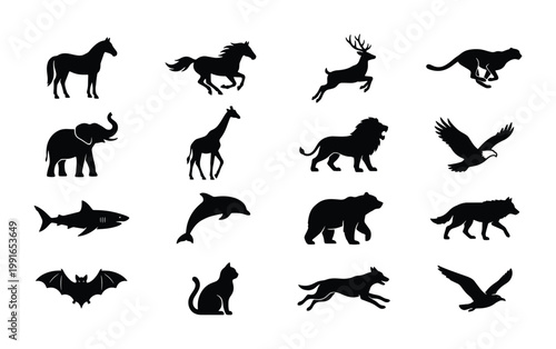 Wild animal silhouette collection, 16 black vector icons of safari and forest creatures, minimalist wildlife fauna set for logo design