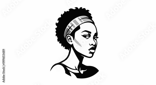 Striking portrait of a young woman with curly hair and headband