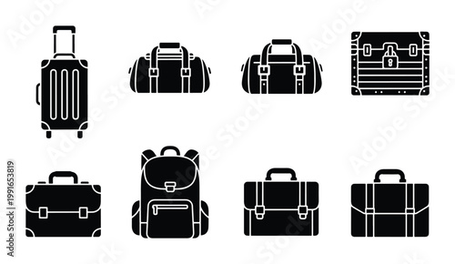 Travel luggage icon set, black silhouette suitcase and backpack collection, 8 vector baggage elements for tourism and business trips