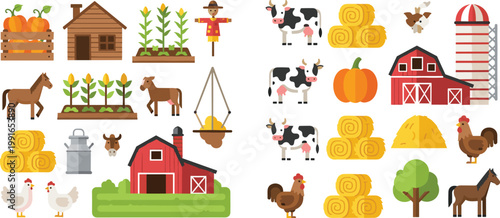 Cute Cartoon Farm Elements Vector Set with Barn Tractor Animals Crops Hay Scarecrow and Farmers for Kids Education Agriculture and Rural Life Designs