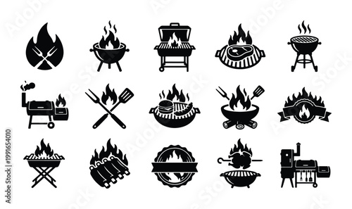 Barbecue grill icons set, 15 black BBQ vector silhouettes, outdoor cooking equipment with fire flames, steak and burger grilling symbols