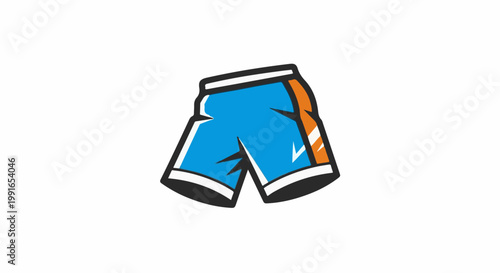 Stylized blue athletic shorts with orange accents and white trim