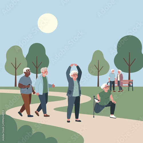 Senior men and women exercising at a park