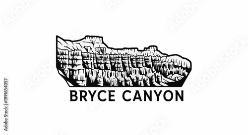 Stylized black and white illustration of a rocky canyon landscape