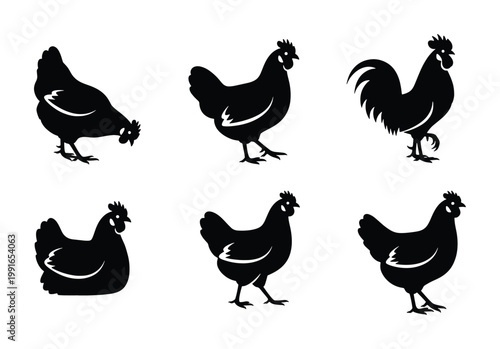 Black chicken silhouettes set, farm bird vector icons, rooster and hen poultry collection, rustic livestock graphics for organic food branding