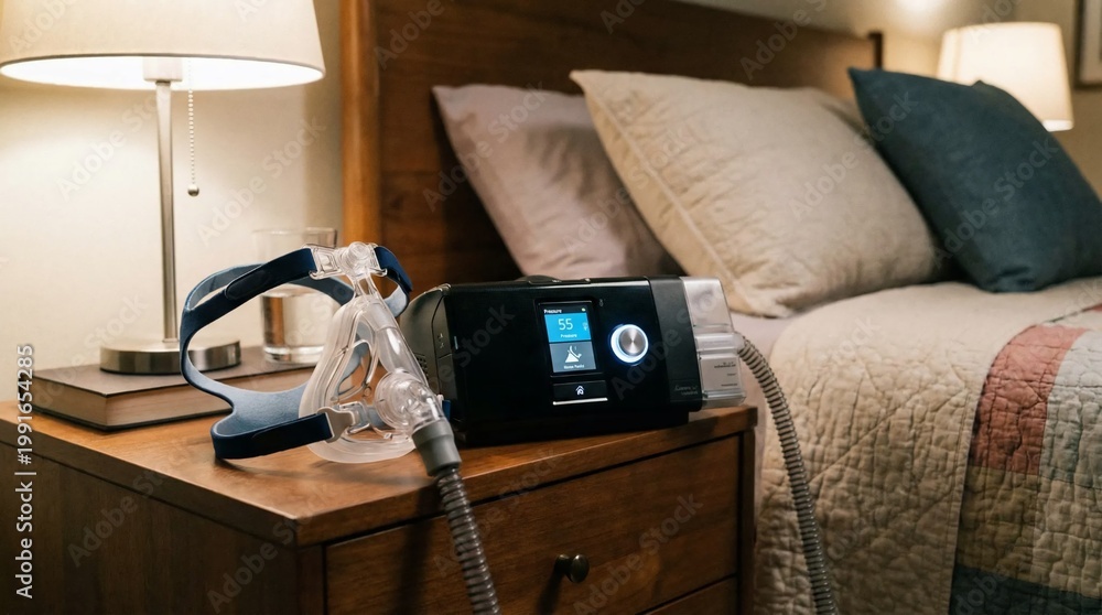 Fototapeta premium CPAP machine on bedside table beside comfortable bed.