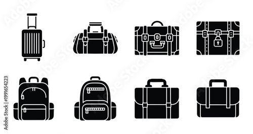 Black luggage icon set, travel bag and suitcase vector collection, 8 baggage glyph symbols, professional briefcase and backpack illustrations