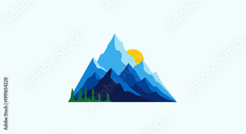 Stylized blue mountains with a bright sun and green evergreen trees
