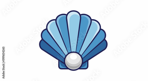 Stylized blue seashell with a pearl at its center, on a white background
