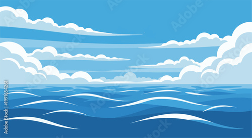 Stylized blue ocean waves under a bright sky filled with fluffy clouds
