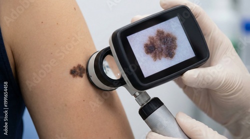 Dermatologist Examines Mole on Arm with Dermatoscope Magnifying Device.